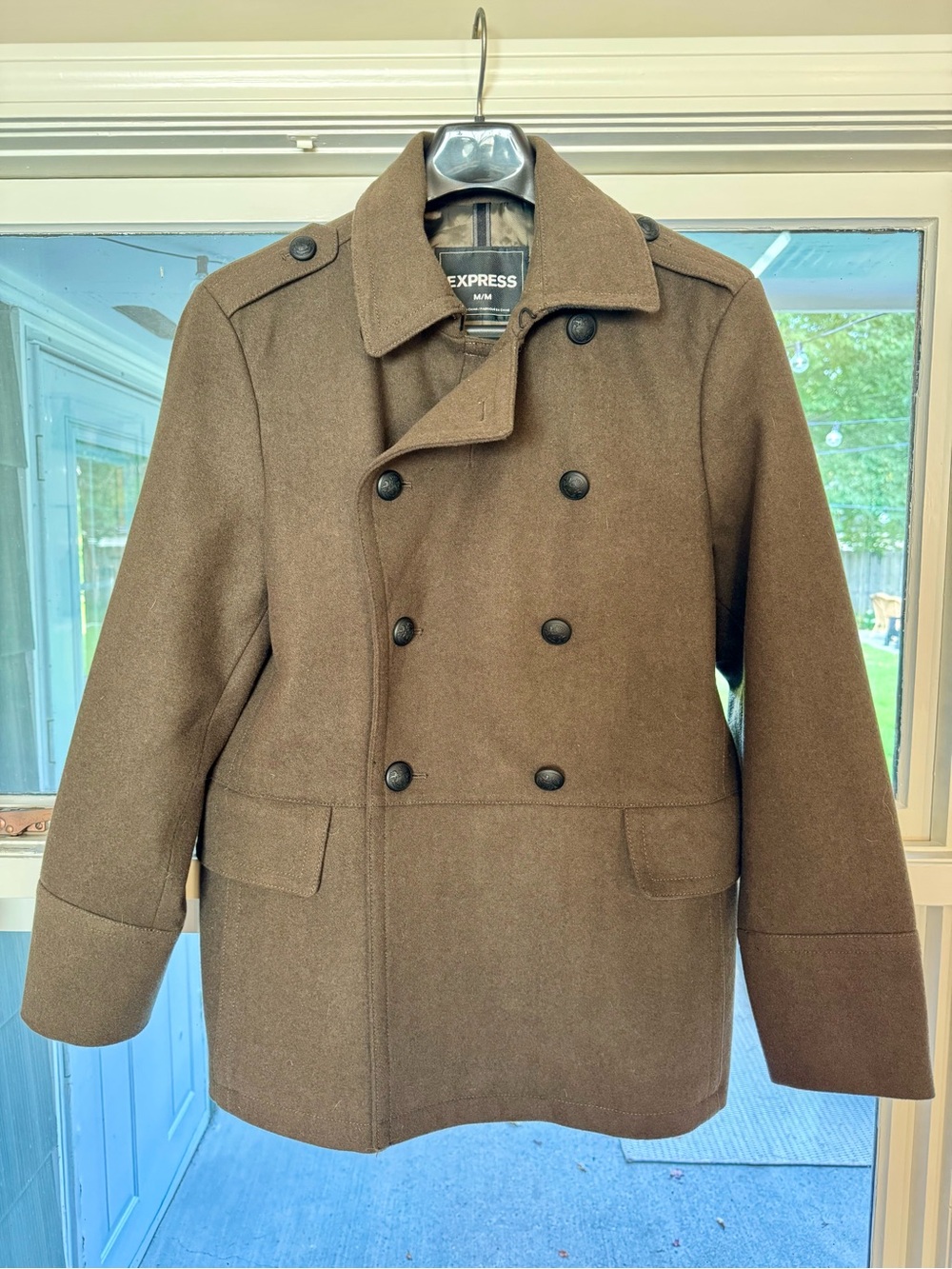 Express Men’s Olive Wool Blend Double Breasted Peacoat